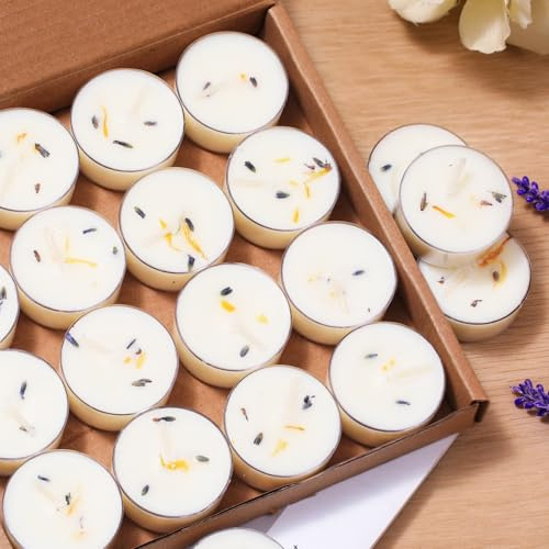 16Pcs Lavender Scented Tealight Candles, Palm Wax White Tea Lights, 4h Long Burning Tea Light Candles with Dried Flowers for Holiday, Wedding, Spa, and Home Decoration
