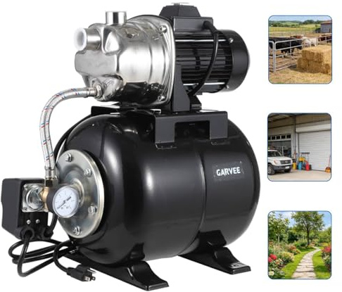 Garvee 1.6 HP Shallow Well Pump with Pressure Tank, 1320 GPH, Water Jet Irrigation Pump, Automatic Pressure Switch, Stainless Steel, for Home, Farm, Garden & Yard, Black