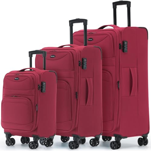 Münicase Stoffkoffer erweiterbar mit Frontfächern,15% Extra-Volumen, TSA-Schloss, 360° Doppelrollen & verdecktem Namensschild (Weinrot, Kofferset (3-teilig) erweiterbar)