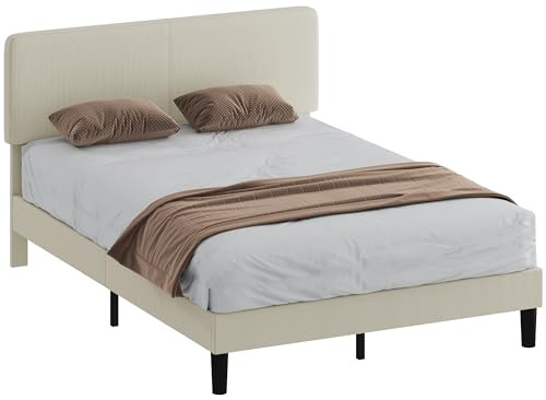 HOMCOM Somier 160x200 cm con Cabecero Ajustable, Estructura de Cama, Tapizado en Pana, Láminas de Madera, Fácil de Montar, Gris Claro