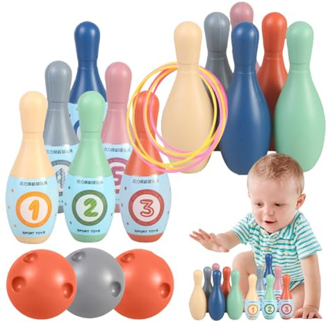 Générique Bowlingspel - PP 14,5 x 5 x 5 cm | Tecknat bowlingspel med 6 ringar, 3 bollar, 12 käglar, för inomhusaktiviteter, utomhus, handkoordination, lärande och lesi