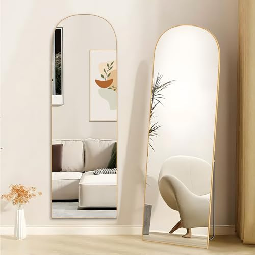 Hamlody Helkroppsspegel med båge 162 x 52 cm, väggspegel med aluminiumlegering, golvspegel härdat glas, lutande eller hängande, spegel stående för sovrum vardagsrum, guld