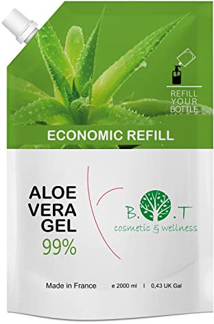 Aloe Vera Gel, Puro, Bio, Lanzarote, Aloe Vera Viso, Corpo e Capelli. Gel Idratante per Depilazione, Rasatura, Sole, Laser, Tatuaggio. Cicatrizzante e Detergente - 2000 ml