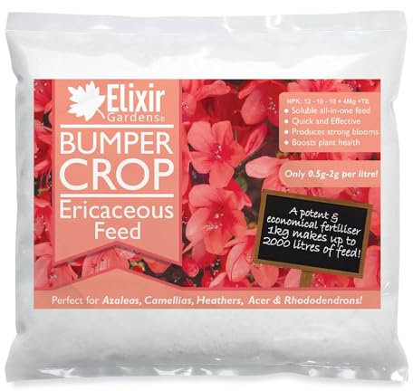 Elixir Gardens Bumper Crop Ericaceous Feed Fertiliser - NPK 12-10-10+ 4 | Plant Food for Azalea, Magnolia, Rhododendron & Camellia | Available from 1kg - 20kg | 1kg Polythene Bag