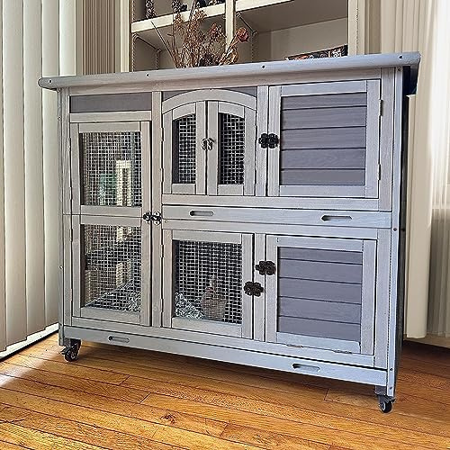 GUTINNEEN Rabbit Hutch Indoor Outdoor Bunny House Guinea Pig Cage on Wheel with Plastic Tray
