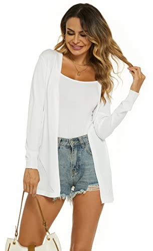 Ietaoo Gilet Long Femme Été Cardigan Veste Tricot Léger Manches Longues Gilet Elégant Ouverte Cardigan Blanc L