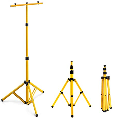 Gimisgu Trípode para focos de construcción, trípode telescópico de acero, foco LED de acero, lámpara de trabajo amarilla, soporte para 1 o 2 focos, altura regulable hasta 1,60 metros (soporte doble)