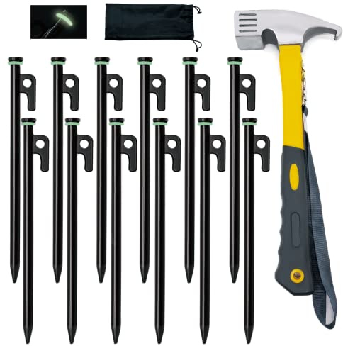 Tialero 8/12/16Pack Tent Stake with Hammer, 8/10/12/16in Heavy Duty Tent Stakes + 10in Camping Hammer+Storage Pouch, Forged Steel Stakes Used on Rocks (12 Pack 10in Tent Stakes+Hammer)