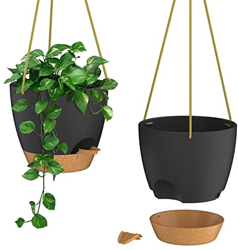 ZMTECH Pot à Plantes Suspendu Auto-arrosant de 25 cm avec Trous de Drainage et Soucoupe Pot à Fleurs en Plastique pour Plantes d'Intérieur et d'Extérieur (Noir, Lot de 2)