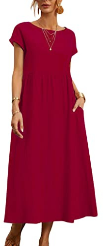 ORANDESIGNE Abito Lungo da Donna in Cotone e Lino Caftano Allentato a Maniche Corte Abito Casual Oversize Elegante Girocollo Maxi Abito Largo con Tasche Vestito da Cocktail Estivo A Rosso XL