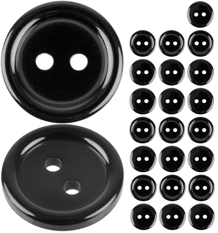 Knappar för kläder, 24 st, 2-håls, Ø 17,8 mm, i svart, av polyester, storlek 28L, hartsknappar för jacka, rock, skjorta, polotröja, DIY-knapp av syntet, tvättknappar, basknapp, hantverksknappar