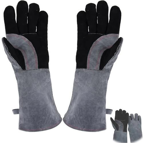 ZEACCT 1 Paire Gants de Soudage, Gant Ignifuge, pour le feu, la Soudure, La Cheminée, Le four, La Cuisson, le Poêle, le Support de Casserole(Gris Noir + Longueur 40 cm/15,74)