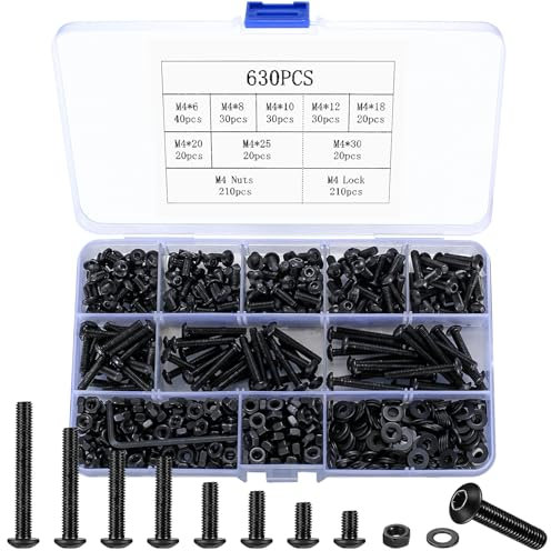 630 Stück M4 Schrauben Set, Innensechskantschrauben Muttern Set, Linsenkopf Sechskantschrauben mit Muttern und Unterlegscheiben Set, Gewindeschrauben Fahrrad Maschinenschrauben Sortiment Set
