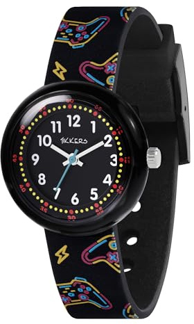 Tikkers Kinder-Armbanduhr, schwarz, bedruckt, Gamer-Armband, analog, Quarzuhr, Schwarz , Minimalistisch