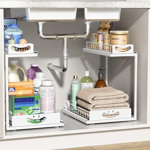 SUMAITech 2 Paquete Organizador bajo Fregadero Metal, 2 Niveles Estantería bajo Fregadero, Estante Organizador Extensible, Almacenaje Cocina, Blanco