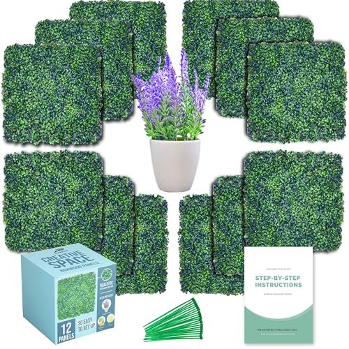 Ptsuker 12 PCS Artificial Leaves Hedge Panels Hedge Wall Panels Artificial Grass Backdrop Wall 50 X 50cm Green Grass Wall for Decor Privacy Fence Indoor Outdoor Garden