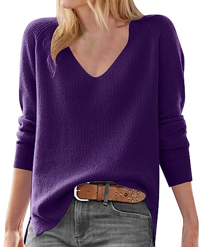 Maglioni da donna a maniche lunghe con scollo a V, maglione loose, collo alto, in lana merino, maglione invernale, maglione fine in maglia - Maglione in lana tinta unita morbido lavorato a maglia