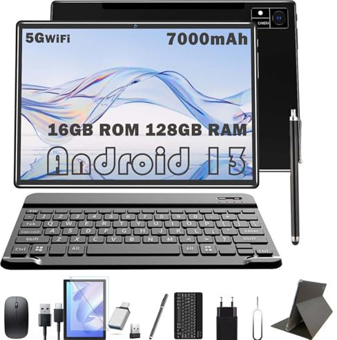ZONKO 2025 Neueste Tablet 10 Zoll 5G WiFi Tablets 16GB RAM+128GB ROM (1TB TF) Tablette PC AndroidTablet Mit Tastatur Stift Maus Tablets Octa-Core 2.0GHz |13MP |8000mAh| 1080FHD| GPS Type-C (Schwarz)