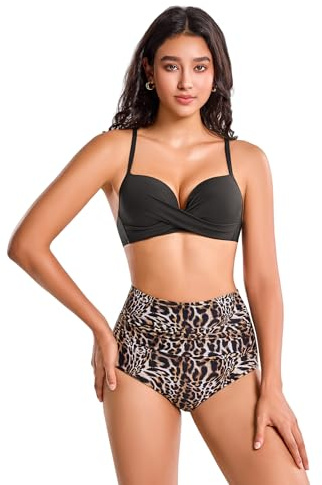 Conjunto de Bikini Mujer Control Abdomen Alta Cintura Push-Up Traje de Baño Parte Inferior con Estampado Leopardo Dos Piezas (XL, RD640-BlackCoffee)