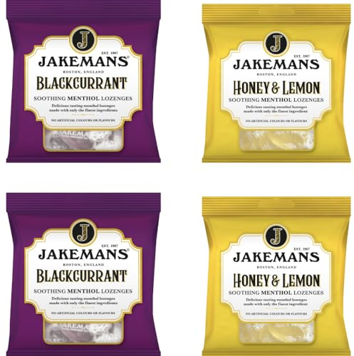 Throat Lozenges Variety Pack - Set of 4 x 73g Bags (2 x Blackcurrant,2 x Honey & Lemon) - Packed by Black Nore Gifts