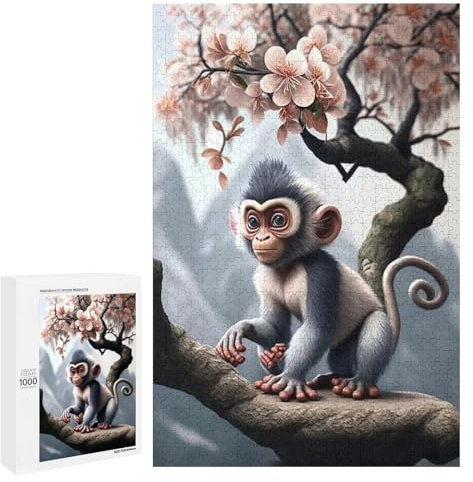 Puzzles for Adults 1000 Pieces - Monkey Peach Blossom Tree Picture Scenerys Perfect Interlocking Clear Printing - Adults Educational Puzzle Display as Artwork Idea!