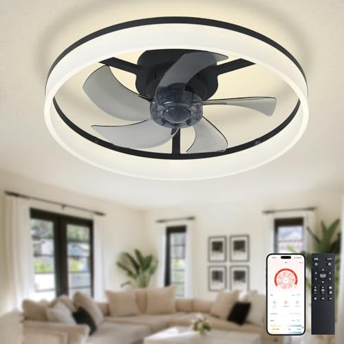 Depuley LED Ceiling Fan with Light: 20 Modern Low Profile Flush Mount Fandelier with App & Remote Control - Dimmable Black Bladeless Fan Light Fixture for Bedroom Kids Room Living Room