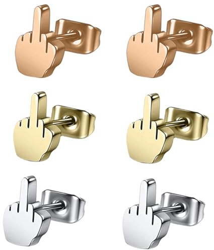 YAPKOLV Lot de 3 Boucles d'oreilles en Acier Inoxydable Motif Doigt d'Honneur Style Punk Biker pour Hommes et Femmes (Argent, Or, Or Rose)