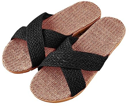 Generiska damtofflor skor sommar flätade linne, tofflor damer sommar platta glid linne flätade sommarskor andas tofflor bekväma glide anti-sweat tofflor bohemisk sko, svart, 43 EU