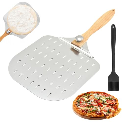 Pizza Peel 12 inch, Aluminum Pizza Spatula with Wooden Handle, Professional Perforated Pizza Peel for Outdoor Pizza Oven Accessories, with 1 Brush