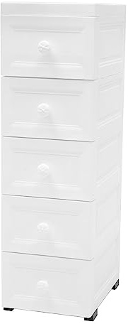 Pinuox Schubladenschrank Kunststoff, Rollcontainer mit 5 Schubladen Rollschrank aus Kunststoff Aufbewahrungsturm Bastelwagen mit Schubladen, Weiß