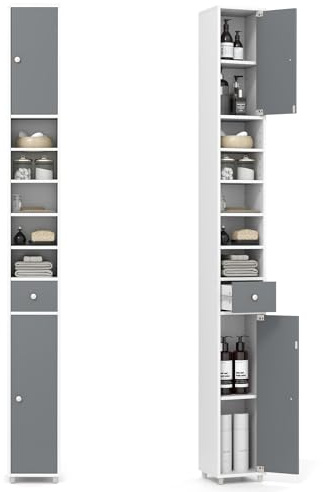 FANTASK Armoire de Salle de Bain étroite et Haute, 180 cm, avec 2 Portes, 1 tiroir et étagères réglables, Peu encombrante, en Bois, pour Salle de Bain, Salon, Cuisine, 20 x 20 x 180 cm, Blanc et Gris