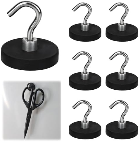 YYTECH Ganchos magnéticos negros 6 unidades de 43 mm imanes fuertes con ganchos sin perforación, extra fuertes, 10 kg, gancho magnético de goma, gancho magnético para crucero, puertas de hierro