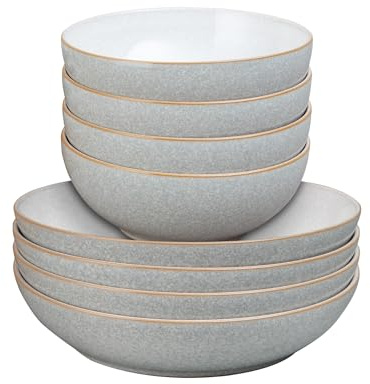 Denby - Elements Pasta & Cereal Bowl 8 Piece Set - Light Grey, Dishwasher & Microwave Safe, Oven Proof Stoneware Dishes - 4 x Pasta & Cereal Bowls - Ceramic, Chip Resistant Tableware for Everyday Use