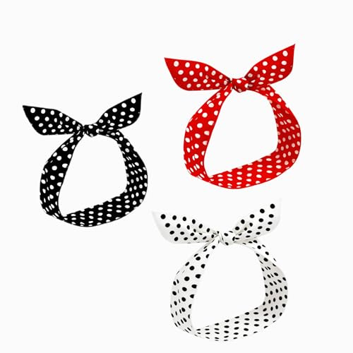 3 Pcs Polka Dot Headband, Christmas Vintage Red and White Bow Headband, Retro Bandana Wired Hair Accessories for Women, Cosplay Costume Hair Accessories for Girls(Black, White, Red)