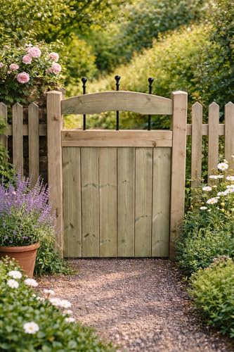 Wooden Garden Gate with Metal Balls Curved Top – Pressure Treated Outdoor Fence Gate with Metal Spindles (90cm High x 90cm Wide x 5cm Deep)