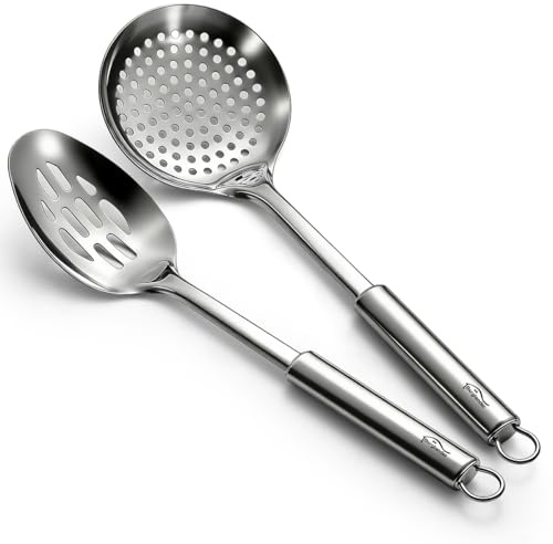 Berglander Kitchen Skimmer Slotted Spoons for Straining 2 pcs 33cm, Stainless Steel Kitchen Spider Strainer Ladle Spoon for Straining Pasta/Cooking/Frying/Noodle, Metal Kitchen Utensils Pasta Spoon