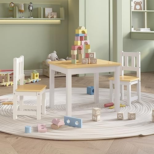 sephironlbb 3 delar Barnsittgrupp vit och beige MDF med 1 bord, 60 x 50 x 48 cm och 2 stolar, 25 x 25 x 55 cm, för barnrum, baby och småbarn, utrymmesbesparande, växande, perfekt för lek och hantverk