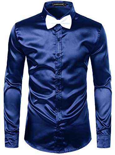 Parklees Chemises à manches longues en soie brillante pour homme - Bleu