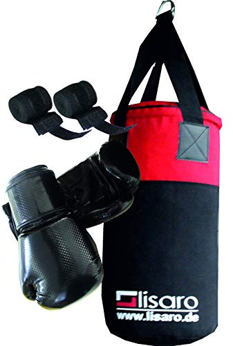 Lisaro Saco de boxeo para niños y adolescentes (saco de boxeo, guantes de boxeo y vendaje de boxeo), aprox. 9 kg, aprox. 60 x 25 cm, color negro y rojo