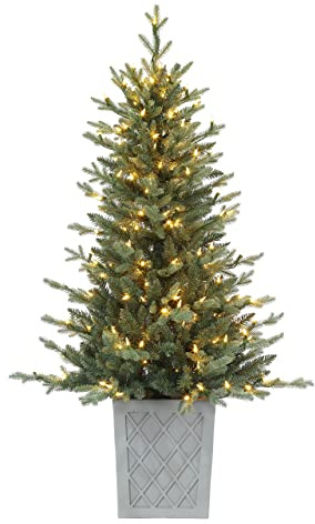 Haute Decor 4.5 Foot Barcelona Blue Spruce Potted Tree with Warm White LED Lights - Cement Gray Patterned Resin Pot