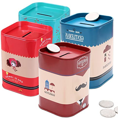 Saijer Money Box Tinplate,4 Pieces Metal Money Box Piggy Bank Coin Saving Pot Square Money Boxes Cartoon Money Boxes Tinplate Box Multicolour Storage Jar for Kids Adult Coins Bills Birthday Gift
