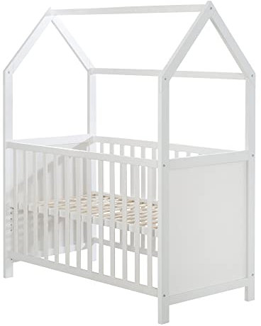 Kinderbett, Hausbett 60 x 120 cm, FSC zertifiziert, weiss, 6-fach verstellbar, als Baby- & Beistellbett komplett mit Wickelplatte