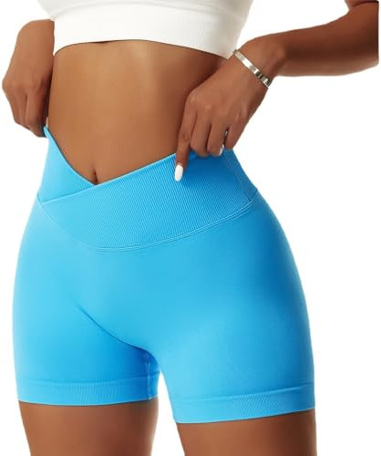 Vertvie Damen Gym Shorts V Cross Stretch Push Up Yoga Shorts Booty Scrunch Fitness Hosen Kurz High Waist Nahtlos Workout Sportshorts Butt Lift Kurze Leggings Sommer (Blau, S)