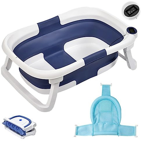 Faltbare Babybadewanne mit Thermometer für Säuglinge bis Kleinkind rutschfest Badewanne mit Ablaufloch Platzsparend für Neugeborene 0-36 Monate (Blau)
