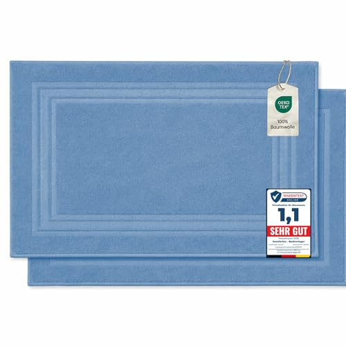 Komfortec - Set di 2 Tappetini da Bagno, Tappetini in Spugna per Doccia, Lavabili, Assorbenti e a Rapida Asciugatura – 600 g/m², 100% Cotone, 50x70 cm, Azzurro