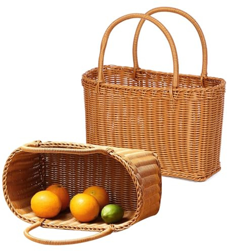 Cesta de mimbre trenzada, para setas, pícnic y flores - Elegante y práctica (grande)
