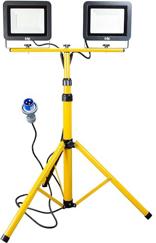 ELETTROWATT Doppio Faretto LED Impermeabile da Esterno 2x30Watt con Treppiede Telescopico Giallo e Spina Industriale CEE - Utilizzo da Cantiere, Officina, Campeggio, Camper, Imbianchino (60 Watt)