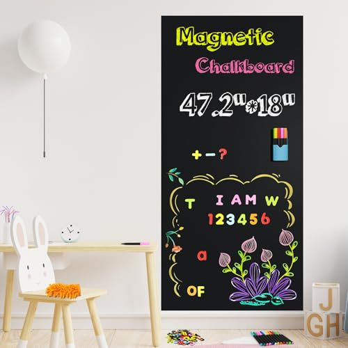 Magnetic Chalkboard Contact Paper for Wall (120 x 45 cm), Self-Adhesive Sheet with 79 Magnetic Letters & 12 Liquid Chalk Markers – Perfect for Learning, Drawing & Home Organisation