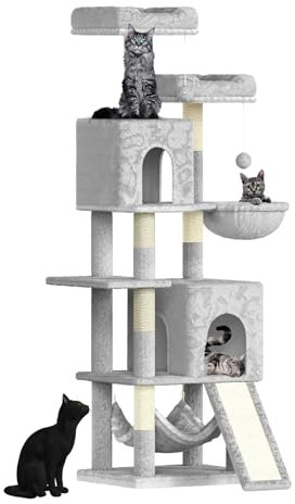 Dogat 158cm Cat Tree for Indoor Cats, Cat Tower with 7 Sisal Scratching Posts, 2 Plush Perches, 2 Cat Houses, 2 Hammocks Suitable for Kittens, Dark Grey (Light Grey)