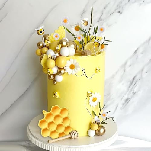 JeVenis Bee Cake Decorations Honey Comb Decorations Bee Cupcake Toppers Abejitas Para Decoracion Daisy Flower Cake Topper for Baby Shower Birthday Bridal Shower